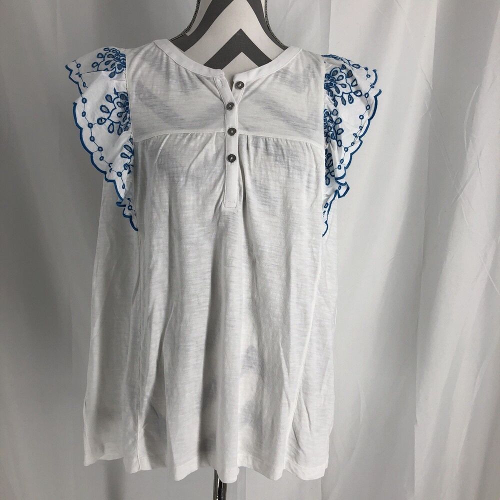 LOFT Women's Scalloped Eyelet Blouse Top Ruffle Cap Sleeve Large White